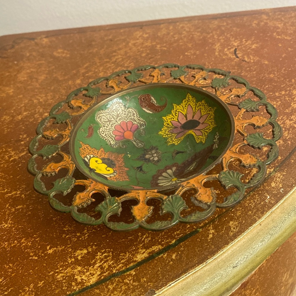 Vintage Indian Pierced Brass Floral Enamel Cloisonné Dish Plate